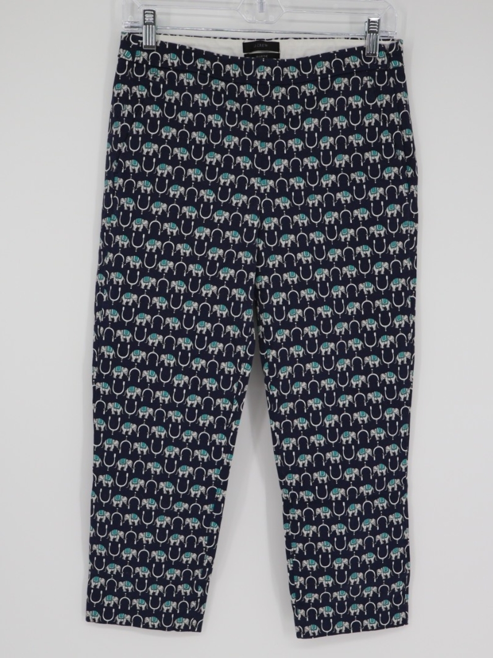 J. Crew Martie Chino Pants Womens Sz 2 Slim Ankle Blue Elepant Print Mid Rise